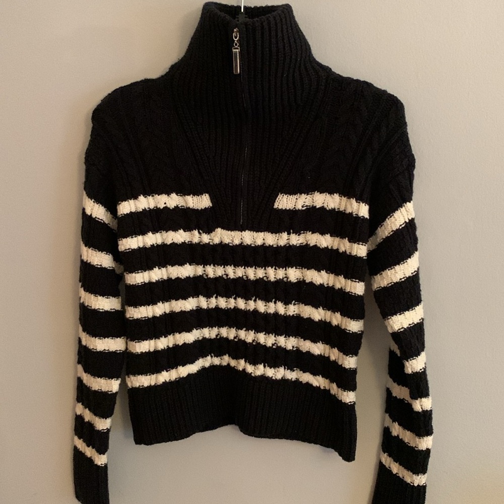 La Ligne Black and Cream Striped Turtleneck Sweater - Preloved